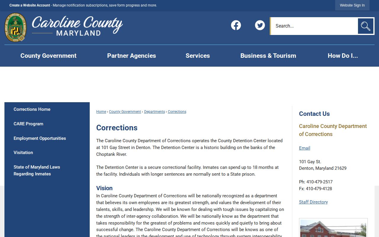Caroline County Corrections webpage with detention center contact information