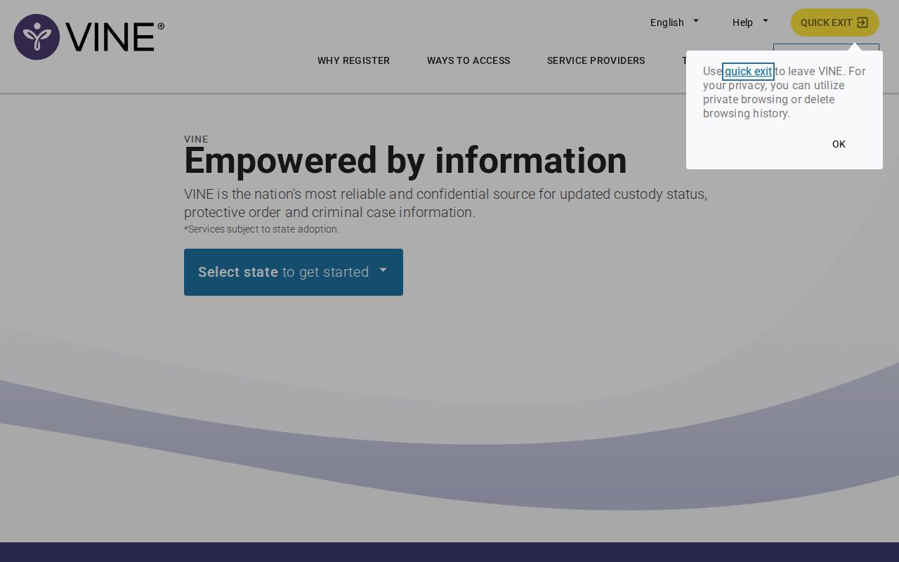 Official VINELink registration screen for Caroline County custody alerts